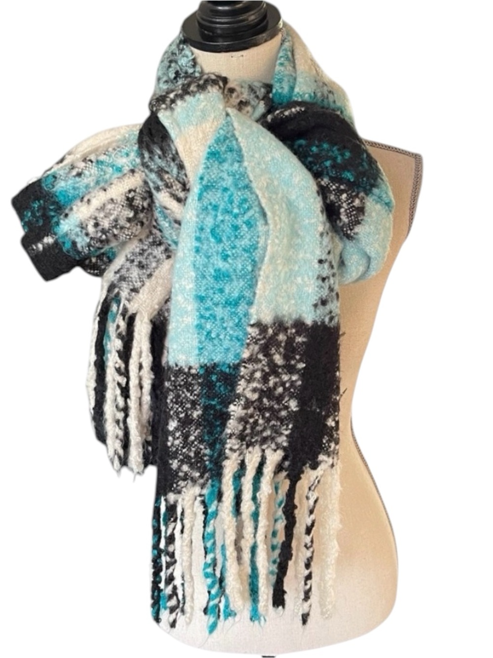 Indigo Teal/Black/Cream Checked Oversized Fringed Scarf/Wrap (18"x108")